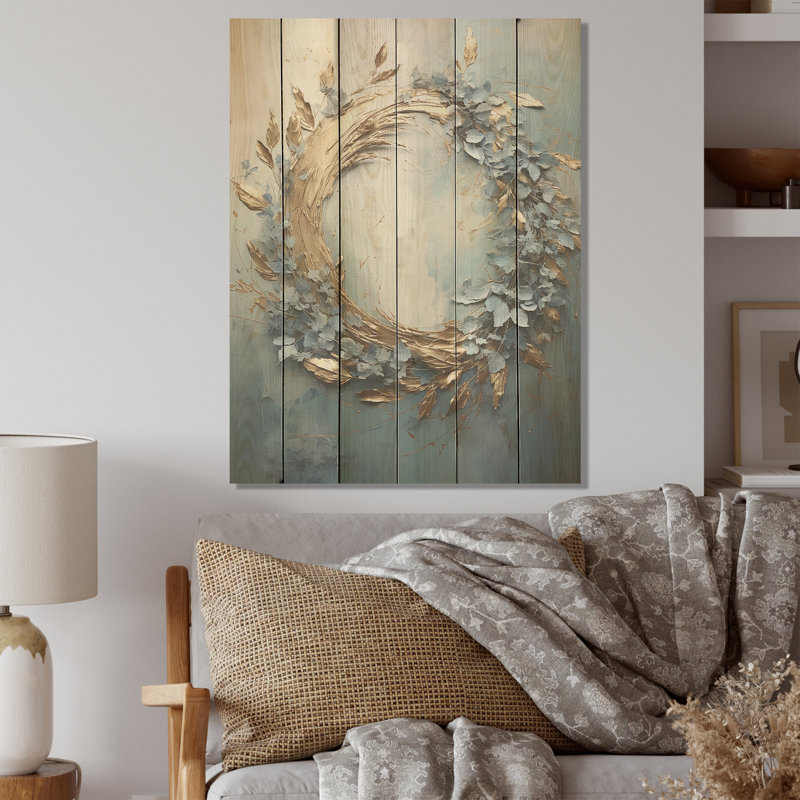 «Bold And Blue Wreath Simplicity», art mural en bois sur bois de pin naturel, H 20 po x l 10 po