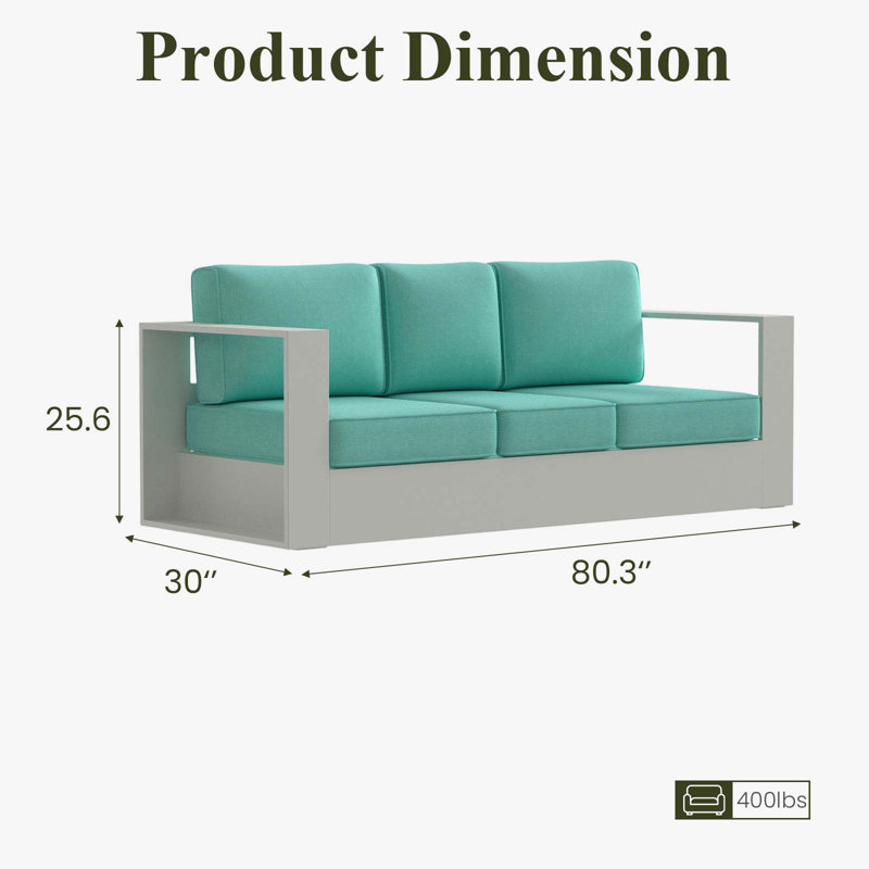 Canapé d'extérieur moderne en aluminium 3 places avec coussins, Coussin turquoise/cadre blanc