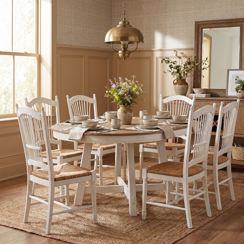 Table de salle à manger extensible ronde Farmhouse avec feuille de 16 po, placage de chêne et base en forme de X