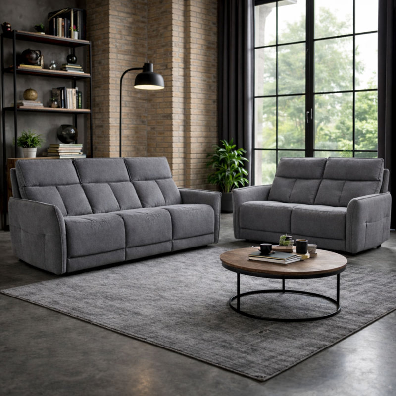 Almita Fabric Upholstered Power Recliner 3 + 2 Sofa Set with USB Charging, Flint