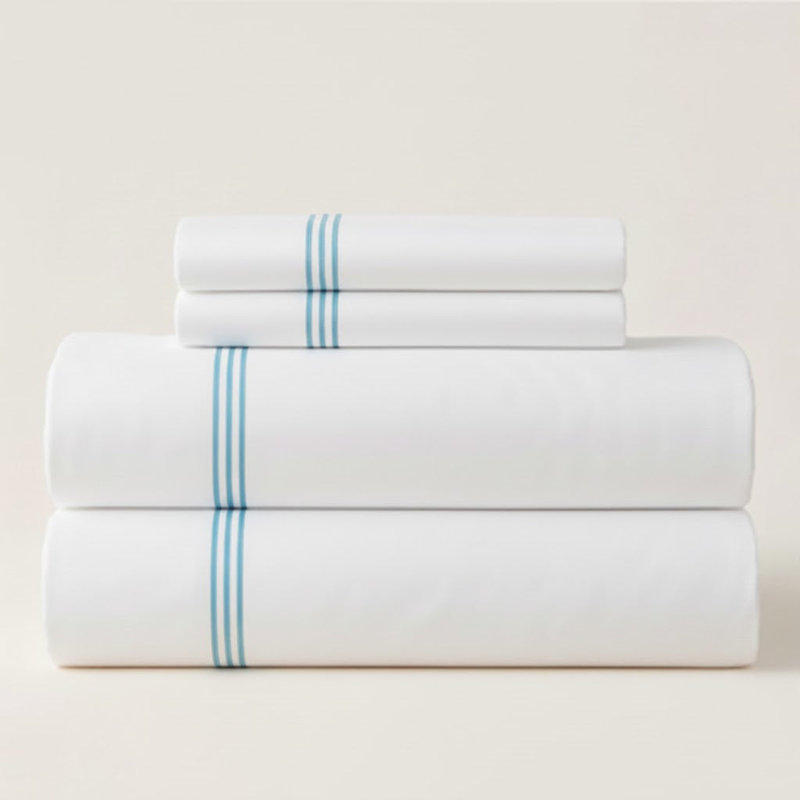 500TC Cotton Triple Embroidery Sateen Solid Cotton 4 Piece Sheet Set Fitted Sheet Fits Upto 16" Deep Pocket