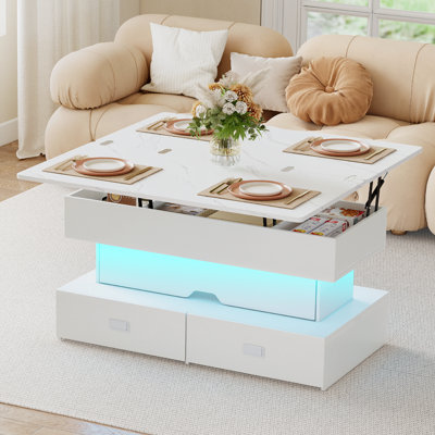 Lift Top Coffee Table with LED Light Center Table with 4 Drawers and Hidden Compartment for Living Room, Dining Reception, Office