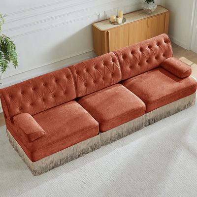 Red Brown 3 - Seater With Button Back And Tassel Fringe For Living Room Rest Style Velvet Skirt Fleece Fabric Bedroom