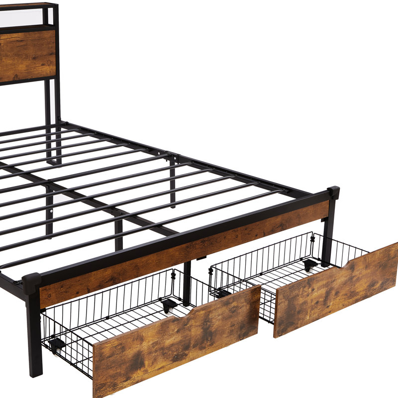 Grand cadre de lit plateforme en métal avec planches de tête et de pied en bois, Interface de chargement, 2 compartiments de tiroir, Lumières à DEL, Aucun sommier requis, Limite de poids de 600 lb, Port de travail facile à assembler, Espaces,