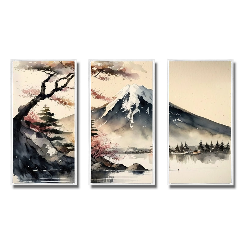 «Dorglien Japanese Landscape In Watercolor II», reproduction sur toile 3 pièces, Cadre flottant blanc