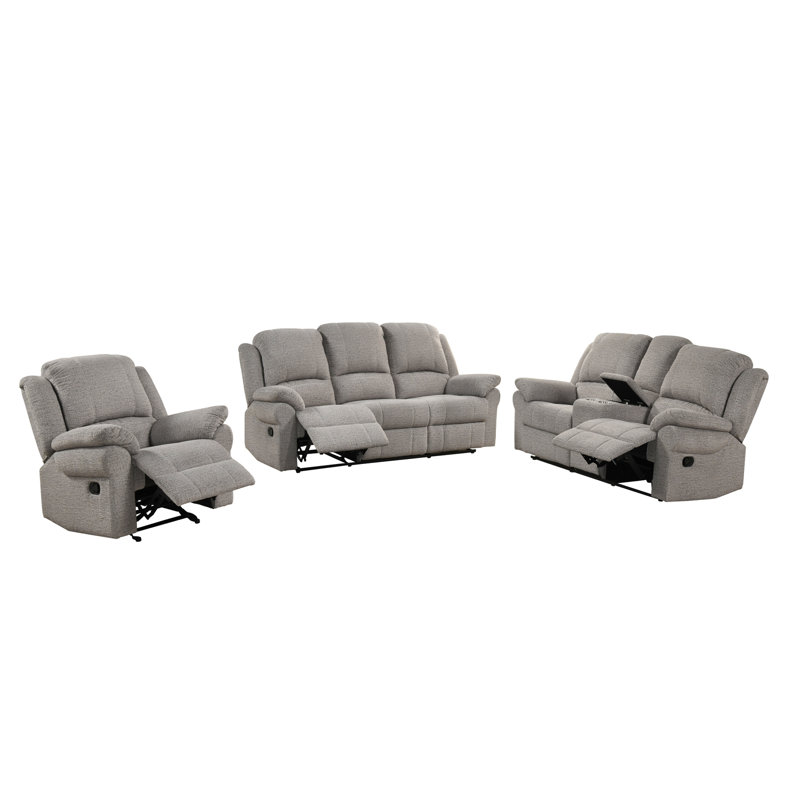 Ensemble 3 pièces: canapé inclinable, causeuse console et fauteuil inclinable, chenille gris-beige, Grey-Beige 3-piece Set
