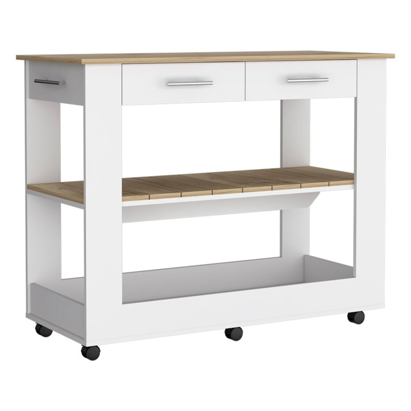 Kitchen Island 36" H, Six Casters, Two Drawers, Two Open Storage Shelves, Towel Hanger, Light Oak, White
