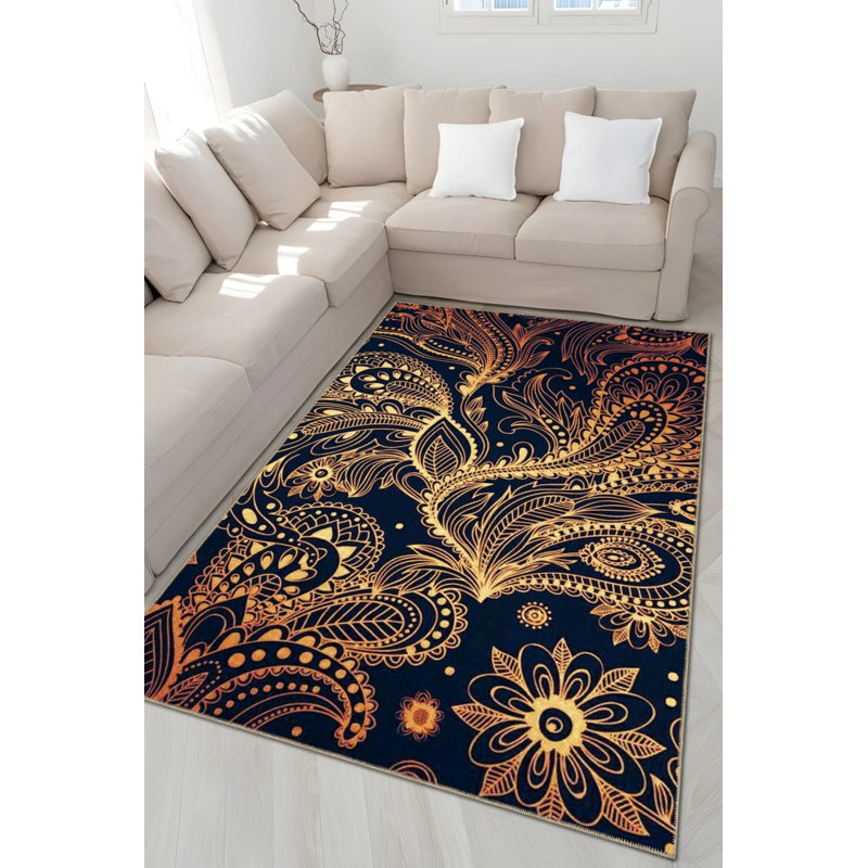 Tapis décoratif moderne à motif floral bleu marine et jaune, Rectangle 2 pi 4 po x 4 pi