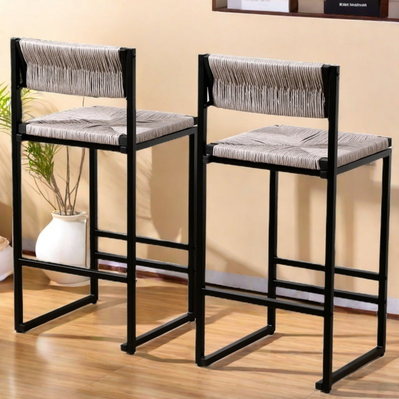 Sansoucy Of 2 Bar Stools Paper Rope Weave Dining Chairs And Metal Frame, Gray