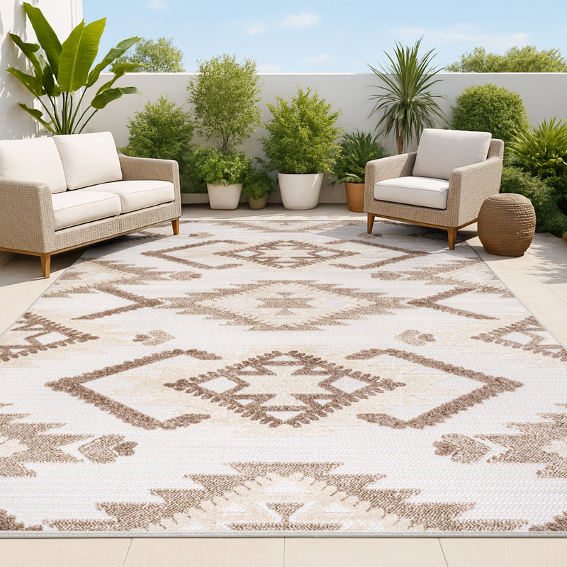 Aydon High-Low Pile Neutral Diamond Kilim Brown/Ivory Indoor/Outdoor Rug, Rectangle 4' x 6'