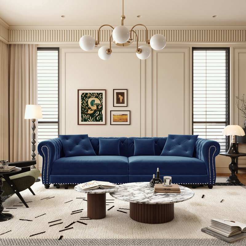 Canapé en velours avec repose-pieds mobile et design capitonné, Bleu