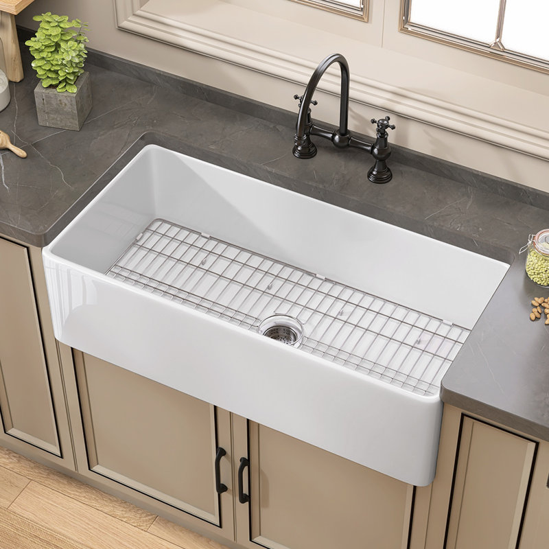 Aqua 30 in. Farmhouse Sink Fireclay Apron Front Farm Sink Single Bowl Kitchen Sink in White with Accessory Kit