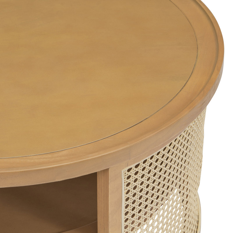 Table basse ronde en rotin avec rangement, Bois naturel