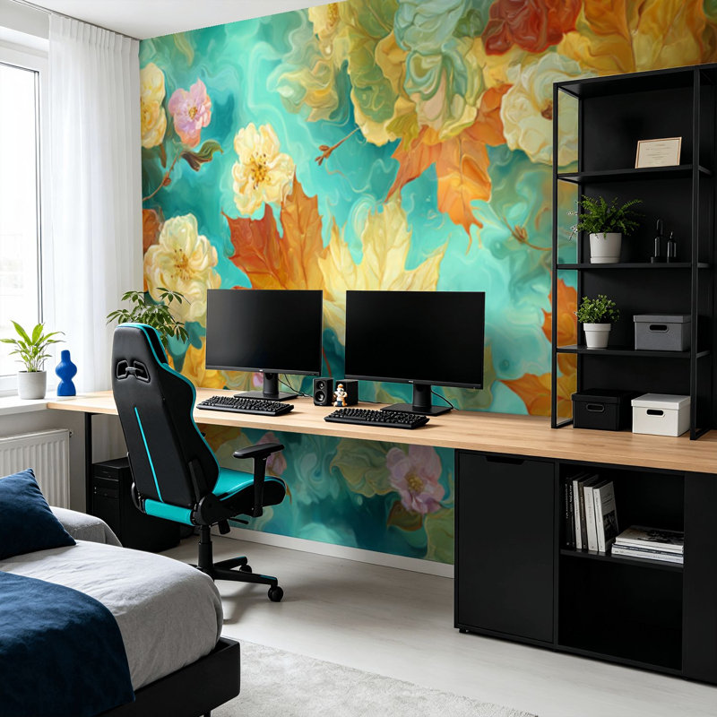 Papier peint adhésif pelez et collez, feuilles d'automne flottant, tourbillonnant des eaux, fleurs délicates, art mural auto-adhésif et amovible