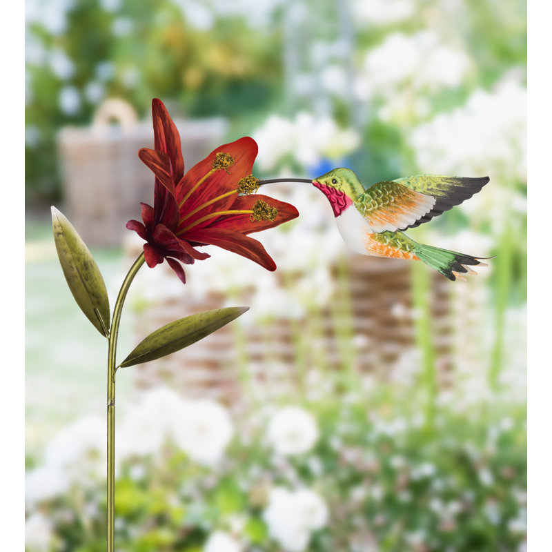 Ruby Throated Hummingbird Flower Stake with Red Lily, 44 Inches