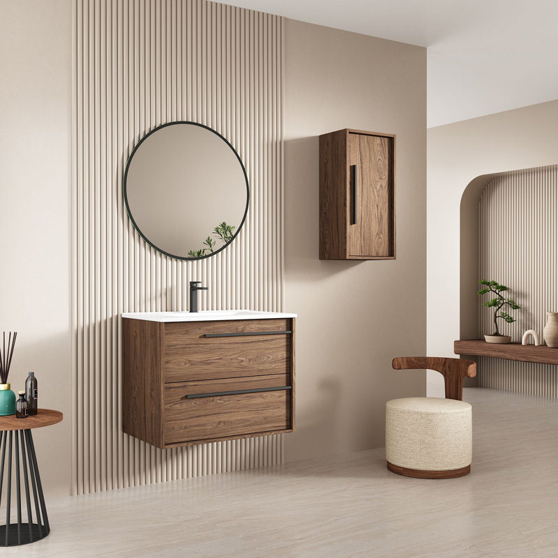Lotus 28.0" Wall Mounted Single Bathroom Vanity with Ceramic Top, Walnut, 32'