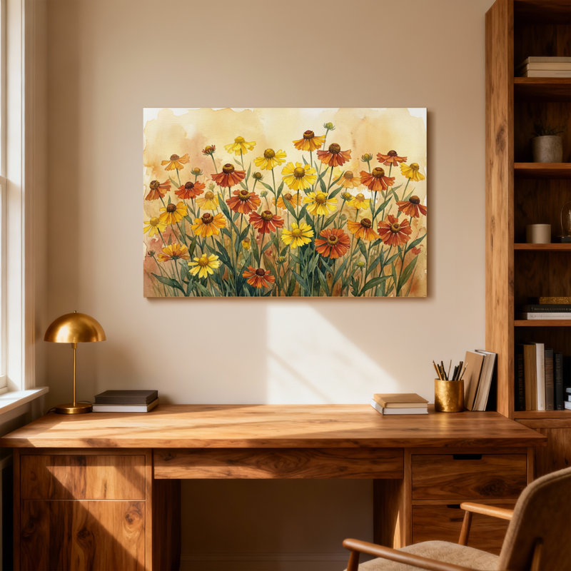 Plantes et fleurs, fleurs jaunes et oranges dans un style aquarelle, H 28 po x l 40 po