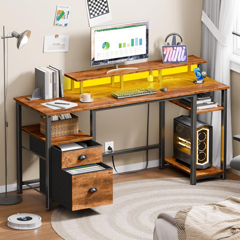61" Desk With LED Light & Power Outlets, Reversible Computer Table With File Cabinet & Drawer, White Gaming Desk Writing Table With Dual Monitor Stand, For Home/Office