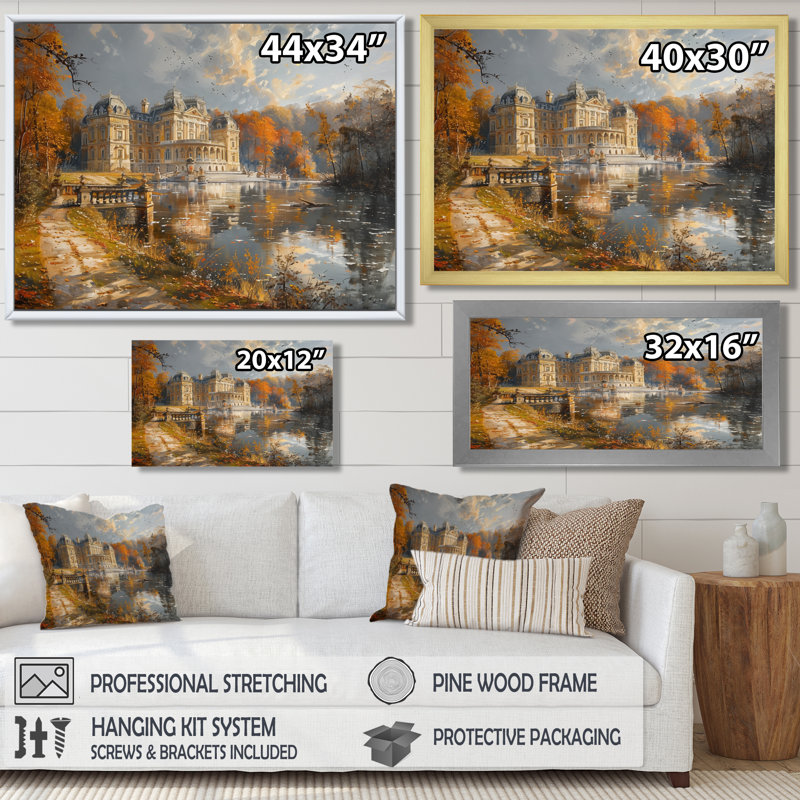 Art mural - Château jaune Renaissance jaune en Chateaux de France III, Toile avec cadre flottant brun