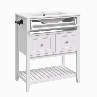 Meuble-lavabo autoportant de 30 po avec lavabo en céramique, tiroir basculant et 2 tiroirs spacieux, tablette inférieure à lattes ouverte, porte-serviettes latéral réversible, panneau de fibres à densité moyenne résistant à l'humidité