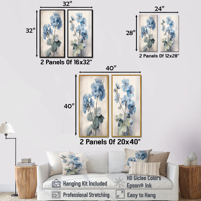Ensemble de 2 décorations murales bleues et géraniums bleues et blanches, H 28 po x l 25 po, Toile tendue