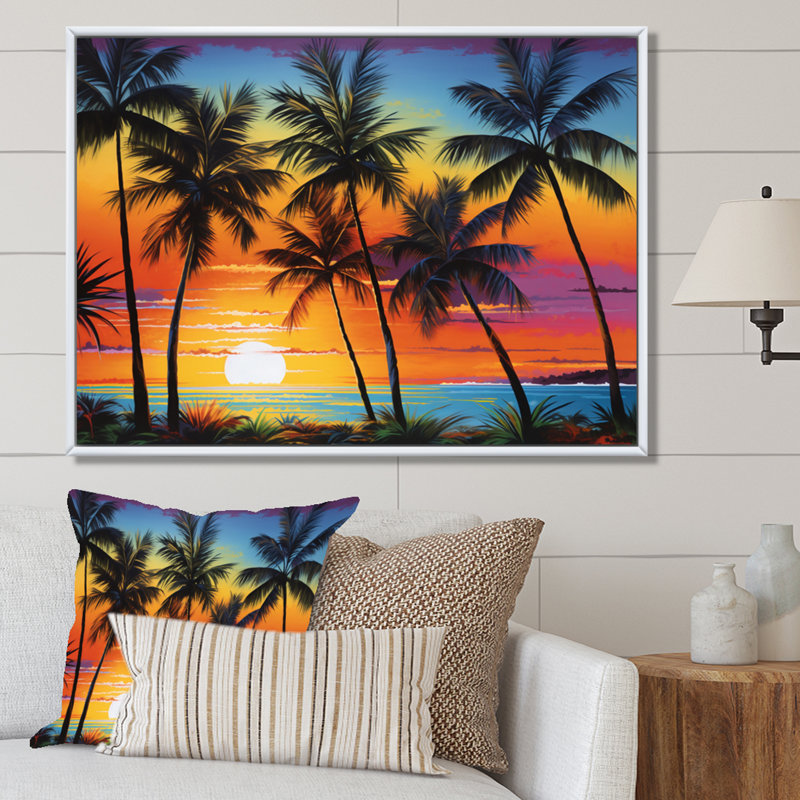 «Colorful Bold Palm Trees Landscape IV - Palmiers et palmiers», art encadré, 24" H x 32" W, Cadre flottant blanc