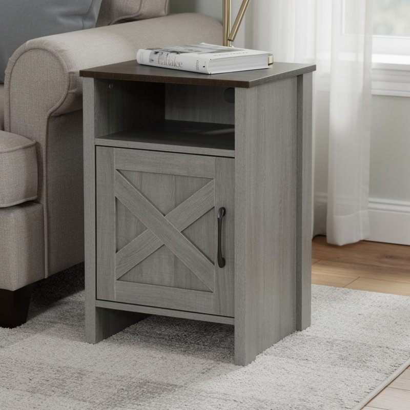 Table d'appoint Gera, plateau brun foncé de 16 po, porte de grange en X, tablette ouverte, gris