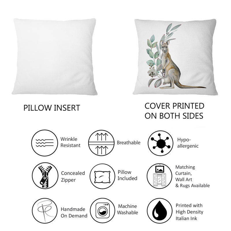 Kangourou avec des feuilles d'eucalyptus - Coussin décoratif traditionnel imprimé 1