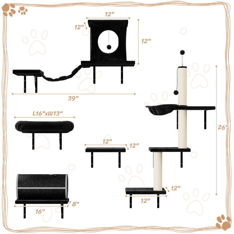 Ferde Cat Tree Shelves/Hammock Pet Bed, Black