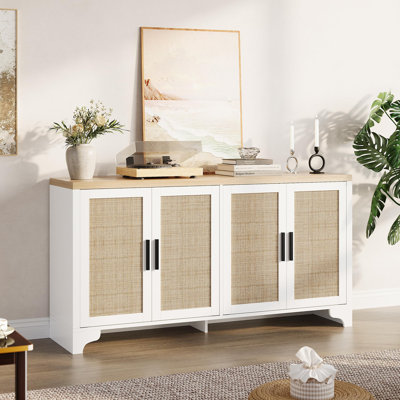 Armoire de rangement en rotin avec 4 portes, buffet Buffet avec tablettes Boho, console de meuble télé