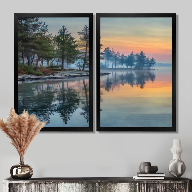 «Sunset At Dawn Lake Summer Mist - Sunset», art mural encadré, paysage orange, 2 pièces, H 36 po x l 48 po, Avec cadre, Noir