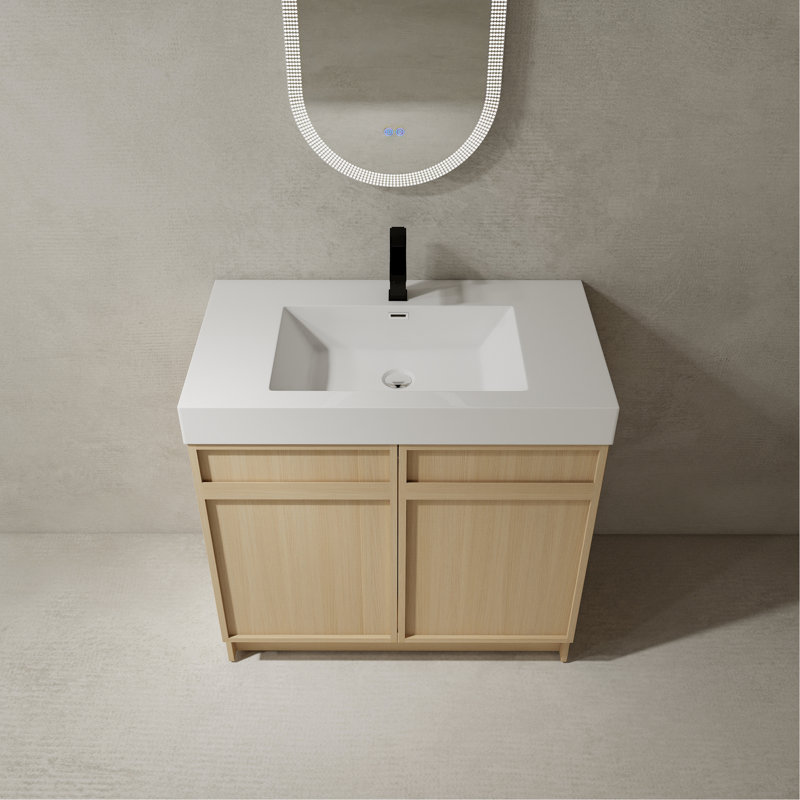 Meuble-lavabo autoportant avec lavabo en résine et 2 portes d'armoire à fermeture en douceur (KD-PACKING), 36"