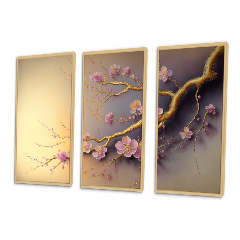 Rose et prune, cerisier en fleurs, branche VII - ensemble d'art mural moderne sur toile, H 32 po x l 48 po x P 1 po