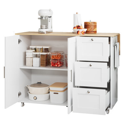 Buendia Kitchen Trolley with 3 Drawers and Storage Cupboards, Foldable Worktop