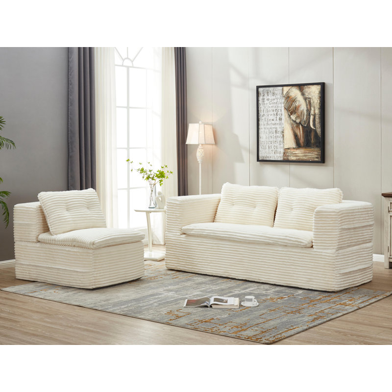 Boneless 80" King-Size Sleeper Sofa Bed Compression Convertible Couch Bed with Blanket, Beige