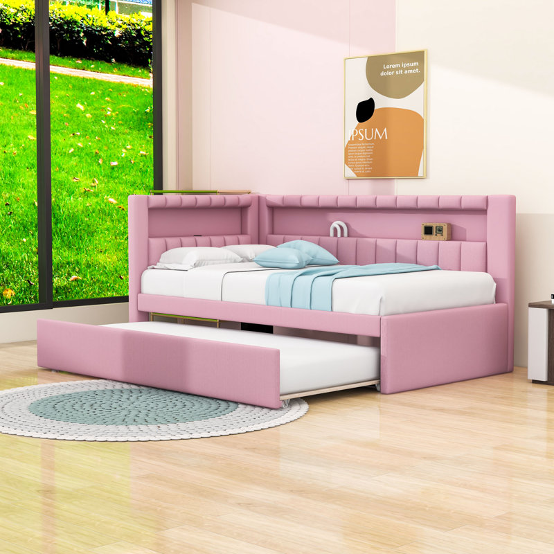 Upholstered Twin Daybed with Trundle, LED Lighting and USB Ports, Pink