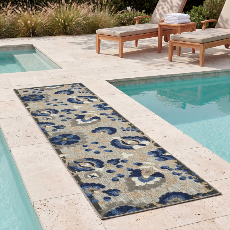 Ciann Floral Blue/Gray Indoor/Outdoor Area Rug, Rectangle 2'3" x 10'