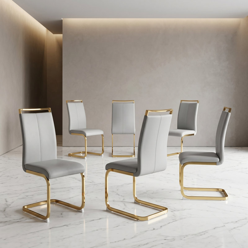 Ensemble de 6 chaises de salle à manger en faux cuir Rheese Modern avec base en métal et poignée supérieure, Gris clair, Doré