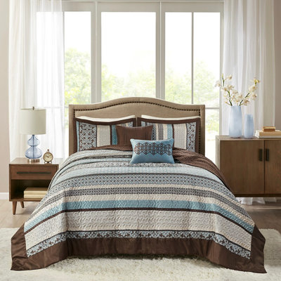 Grand couvre-lit de 5 pièces en bleu - Style traditionnel avec motif géométrique sur toute la surface de la Manche 100% feuille inversée facile d'entretien et médaillon 2 coussins décoratifs Lavable à la machine Élégant
