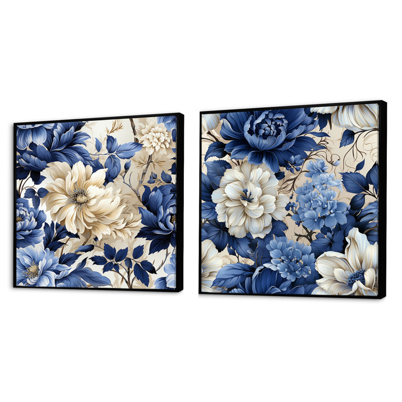 Victorien bleu cobalt feuillage victorien, Cadre flottant noir, H 16 po x l 33 po