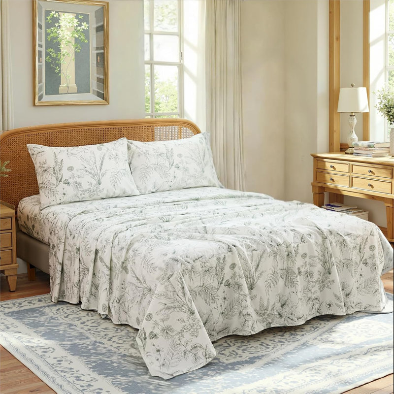 Ensemble de draps 100% coton de très grande taille - Ensemble de literie 4 pièces Chic Garden Floral, Blanc / Gris