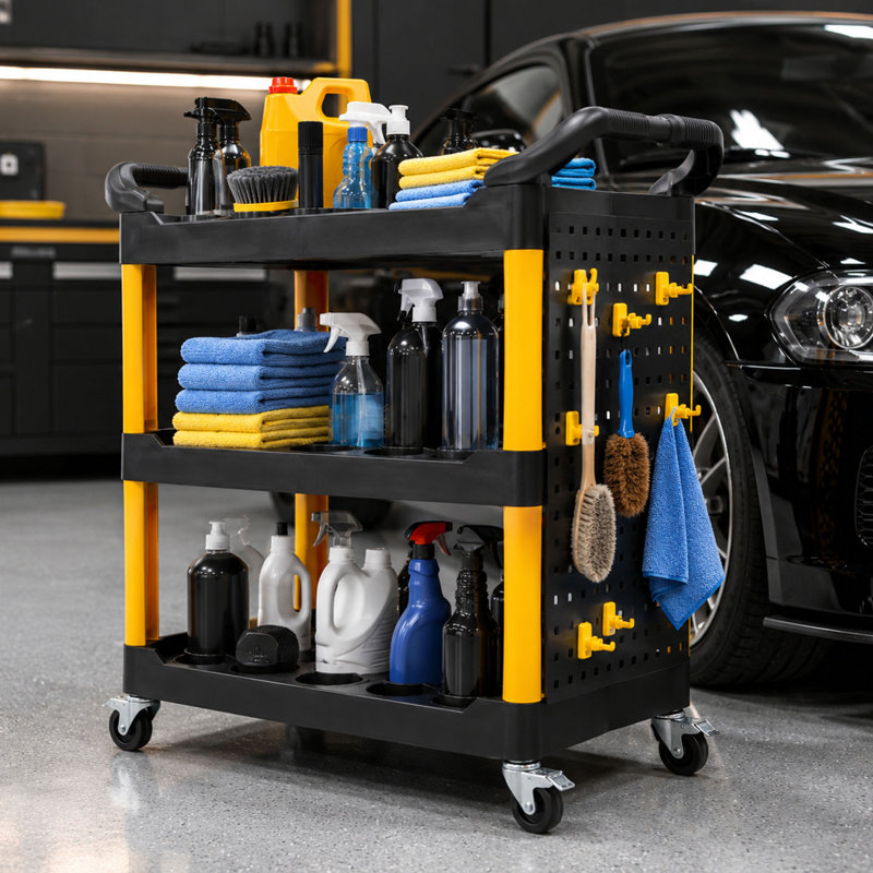 Chariot à roulettes à 3 niveaux, tablettes de rangement pour outils, Jaune