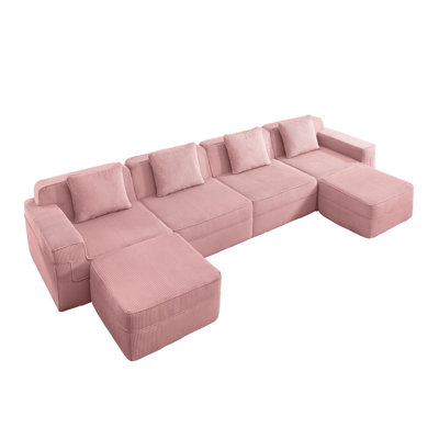 Modern Modular Corduroy Sectional Sofa with Ottomans & Pillows