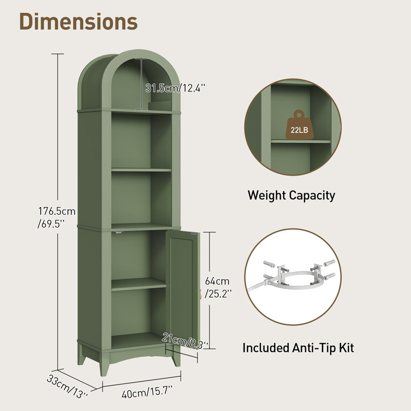 69.5" Tall Arched Bathroom Storage Cabinet with Fluted Doors and 5 Shelves, Space Saving Storage Unit, Green