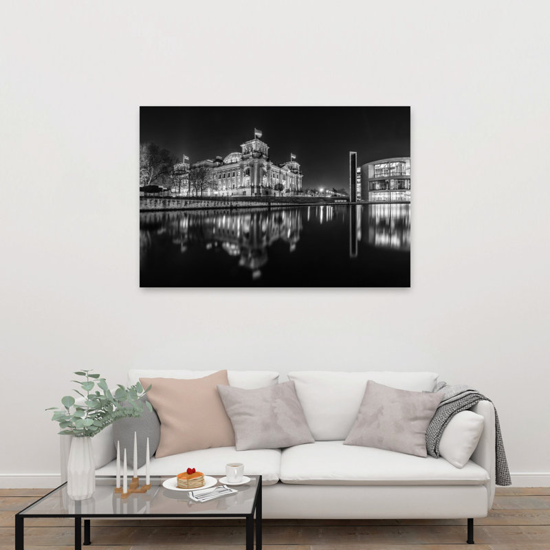 Reichstag, nuit, réflexion, art abstrait moderne, impression d'art mural de la ville, H 40 po x l 60 po