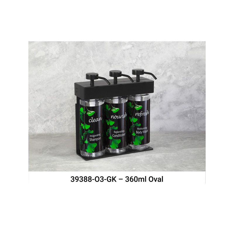 SOLera Liquid Dispenser Bracket with 3-Chambers 360mL Oval Bottle & Pump with Gingko Labels 1/Pack, Black