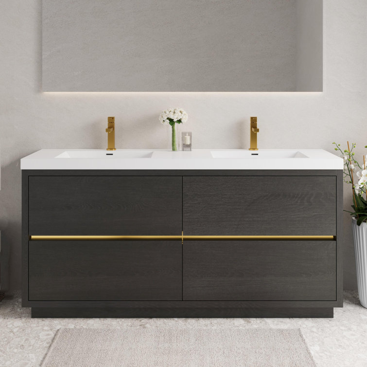 72" Freestanding Double Bathroom Vanity Modern Style Vanity with Integrated Solid Surface Countertop and 2 Sinks, 4 Soft Close Drawers