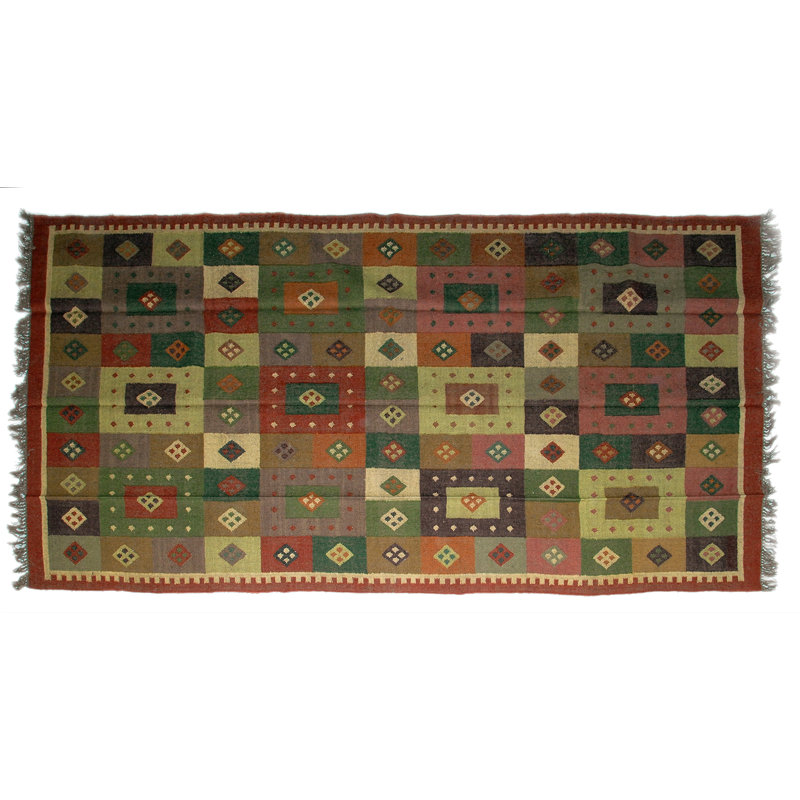 Tapis unique rouge / vert / jaune noué à la main de 6 pi x 9 pi Finkbeiner