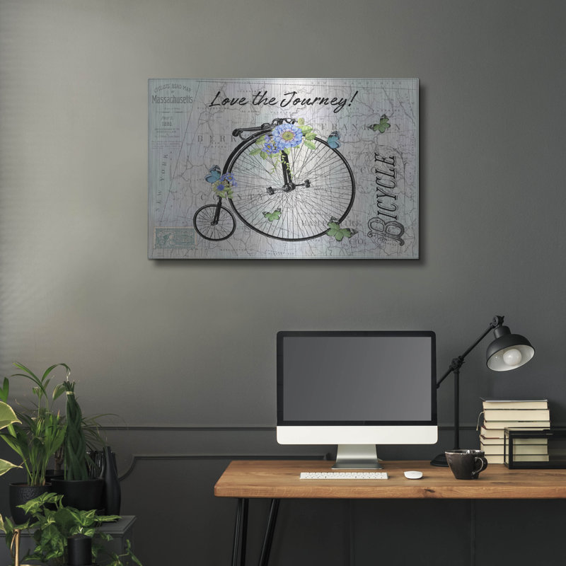 «Vélo rétro avec carte C» par Jean Plout, art mural en métal, H 24 po x l 36 po