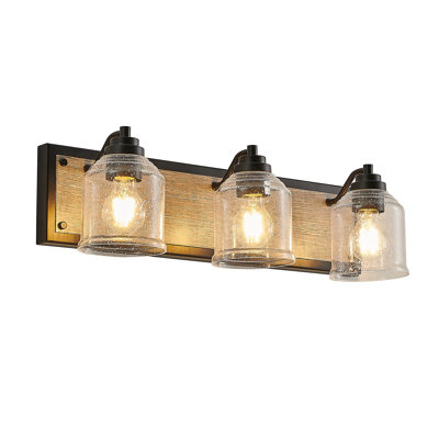 23" Farmhouse Vanity Light Fixture, 3-Light Bathroom Wall Sconce with Clear Seeded Glass Shades, Black and Wood Grain Finish, Modern Industrial Design for Bathroom or Powder Room (No Bulbs)